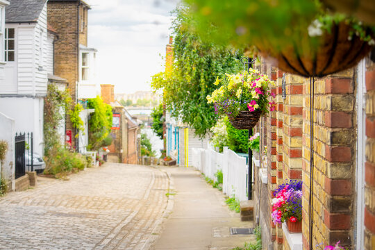 Quaint cobbled streets of Upnor village in Kent, England.