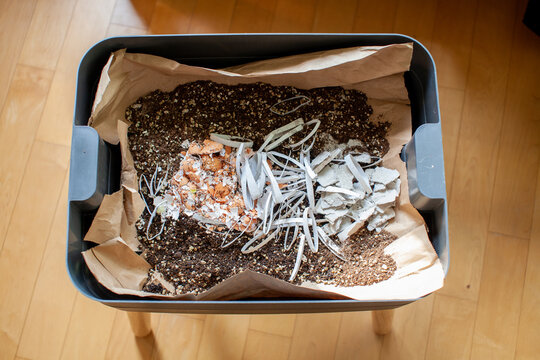 A mixture of bedding material is put into the starting tray of a worm composter, before the worms move in, to give them a good home with soil, cardboard, eggshells and coffee grounds