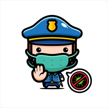 Design a cute police character wearing a mask against the virus