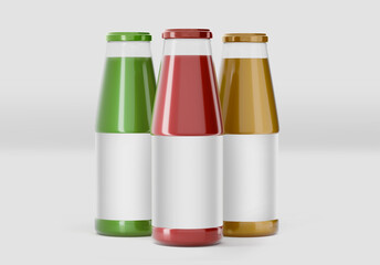 Juice Glass Bottle Mockup with white label, 3d Rendering on light background, Fresh juice package design