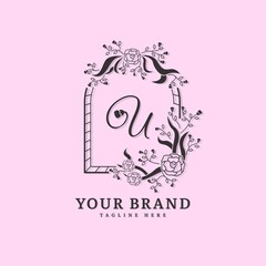 Initial letter U with natural logo vector concept element, letter U logo with floral ornament. Minimalist design logo.