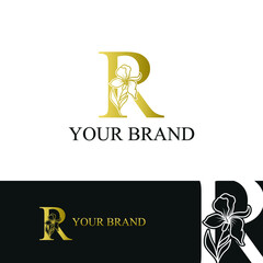 Golden Luxury Initial letter R with February Iris flower for cosmetic, Jewelry, boutique, hotel logo concept vector