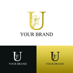 Golden Luxury Initial letter U with February Iris flower for cosmetic, Jewelry, boutique, hotel logo concept vector