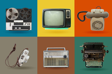 Retro electronics set. Nostalgic collectibles from the past 1980s - 1990s. objects isolated on retro color palette with clipping path. - obrazy, fototapety, plakaty