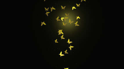 A butterfly herd is flying in dark space with gold dust (3D Rendering)