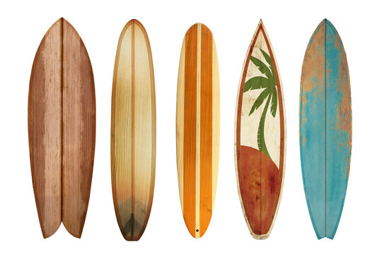 Collection vintage wooden surfboard isolated on white with clipping path for object, retro styles.