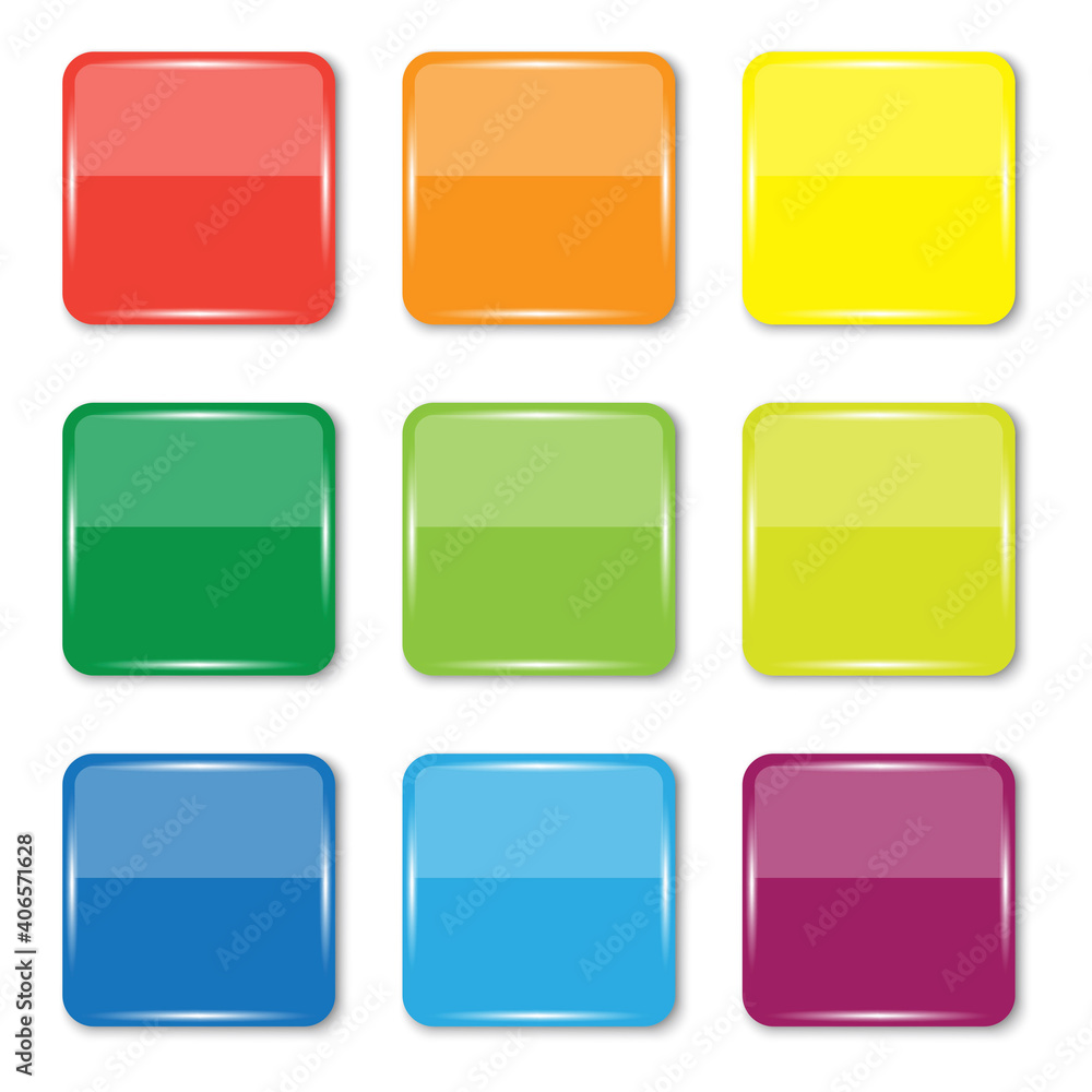 Fototapete Colored square buttons. Teal background. Square glossy keys. Blank shiny colored  buttons. Stock image. EPS 10.