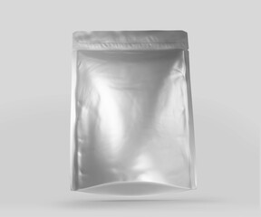 Blank Foil plastic pouch coffee bag, 3d rendering isolated on light background. Packaging template mockup, Aluminium coffee or juice package.