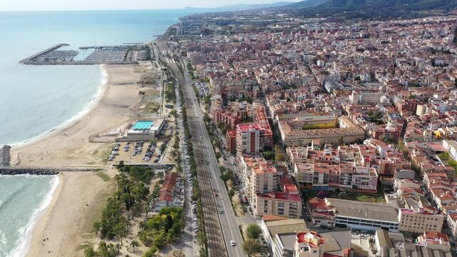 Picturesque aerial view of winter cityscape of Mataro on Mediterranean coast, Costa del Maresme, Spain 