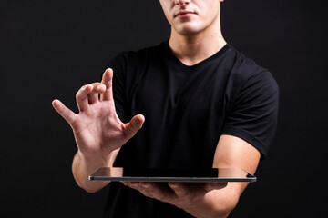 Businessman holding his tablet social media cover