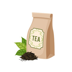 Paper package bag of tea. Vector illustration cartoon flat icon isolated on white background.