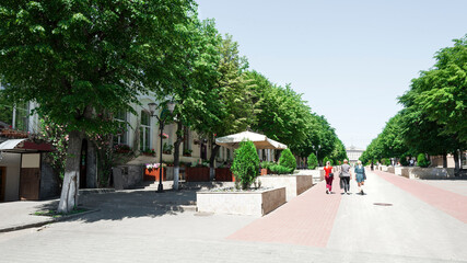 The town of Oryol, Russia, the main pedestrian street in summer, green trees, cafes and shops, walking people.