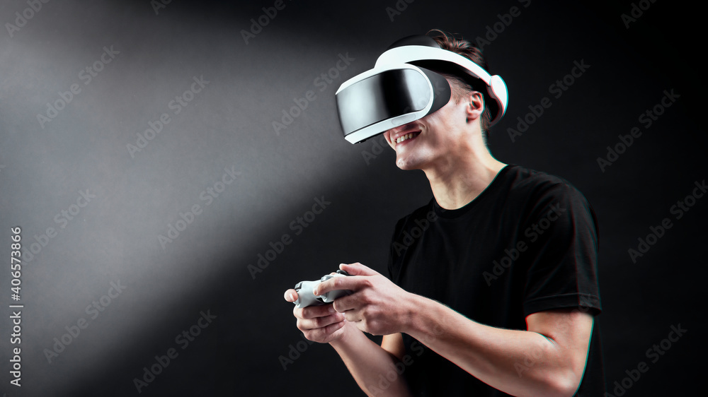 Poster man playing game with vr headset virtual reality experience