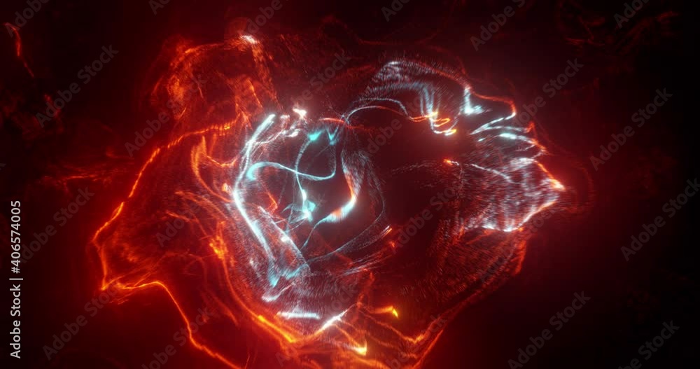 Poster abstract pulsing fiery red particles flowing with fluid motion. simulating heart beat motion. looped