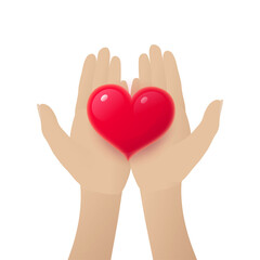 Obraz premium Human hands holding red heart. Female hands giving glossy heart, romantic love concept. Wedding and Valentines Day symbol realistic vector illustration isolated on white background