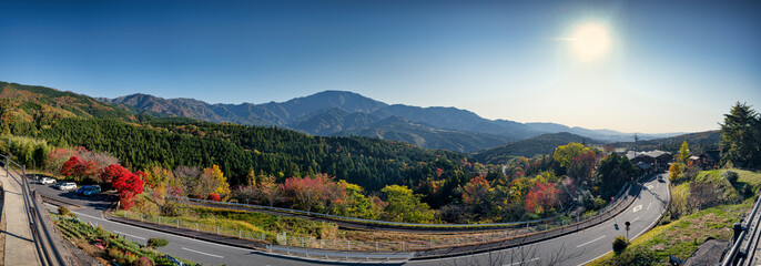 Naklejka premium Autumn panorama scene of the mount Ena mountains in Magome-Juku, Nagoya, Japan.