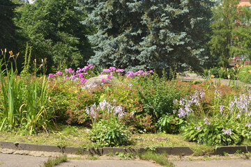 Scenic landscaped park-garden. Beautiful blooming flower summer garden