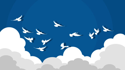 flock of flying birds. migrating birds on a blue background with clouds