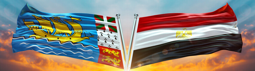 Double Flag Egypt مصر and Saint-Pierre and Miquelon flag waving flag with texture sky Cloud and...