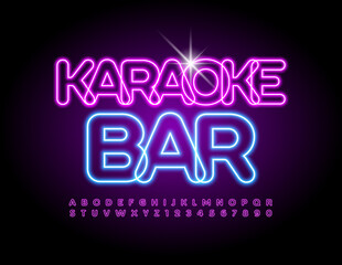 Vector neon poster Karaoke Bar. Glowing bright Alphabet Letters and Numbers set. Electric light Font