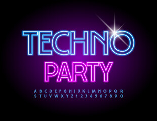Vector event flyer Techno Party. Blue Neon Alphabet Letters and Numbers set. Glowing light Font