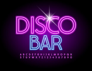 Vector neon banner Disco Bar. Bright Neon Font. Illuminated Led Alphabet Letters and Numbers set