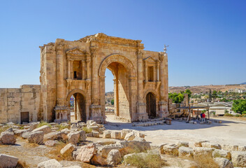 Jordan, Amman, back side of the Hadrians Arch is the entrance portal of the roman city of Jerash or Gerasa. - obrazy, fototapety, plakaty