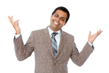 Indian business man welcoming isolated on white.