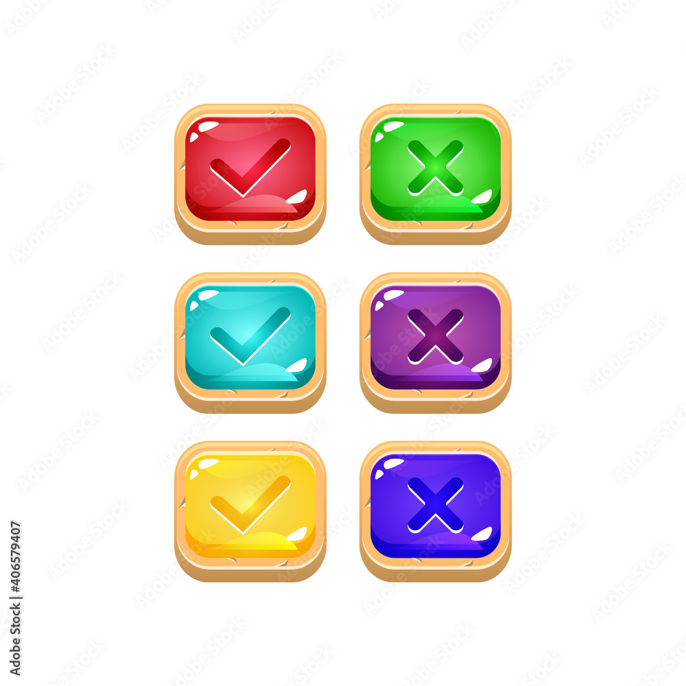 Aufkleber set of colorful jelly game ui with wooden border for gui asset elements vector illustration
