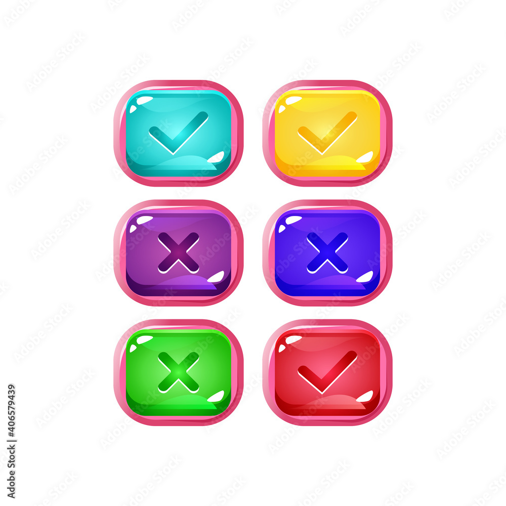 Poster set of colorful jelly game ui with pinky border for gui asset elements vector illustration