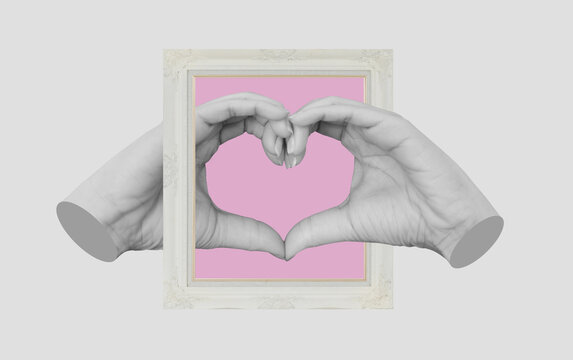 Digital collage modern art, Hands making Heart symbol, with retro picture frame 