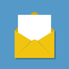 blank paper sheet in opened envelope, flat vector illustration