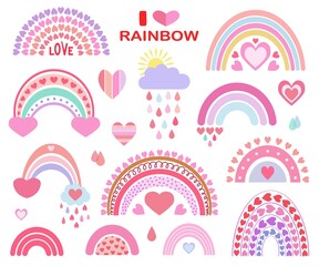 Cute vector heavenly set: rainbows, clouds, sun, rain, drops. For children's textiles, decor, postcards, albums, posters. Drawn in a flat style. Hearts, love, Valentine's Day, romance.