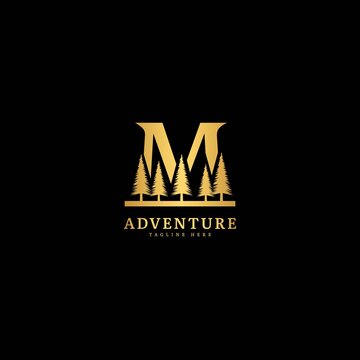 Initial letter M logotype. Natural adventure logo with mountain and forest panorama, fit for company and business logo.