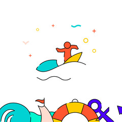 Surfer, surfing filled line vector icon, simple illustration, water safety and watercraft related bottom border.