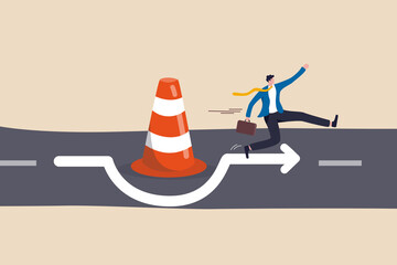 Overcome business obstacle, blocker, effort to break through road block, solution to solve business problem concept, smart bravery businessman run the way around and jump pass traffic pylon roadblock. - obrazy, fototapety, plakaty
