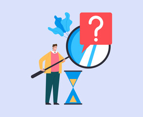 Man character holding magnifier and searching information answer question FAQ support concept. Vector flat graphic design simple illustration