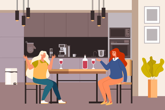 Two girls women friends meeting home on kitchen and drinking wine and talking. Vector flat graphic design simple illustration