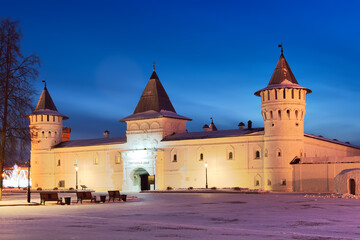 Tobolsk Kremlin at dawn. "Gostiny dvor, shopping malls". Old Russian architecture of the XVIII century in the first capital of Siberia on a winter morning