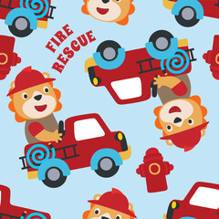 Vector seamless pattern with Fire rescue team with funny firefighter cartoon. Creative vector childish background for fabric, textile, nursery wallpaper, poster brochure Vector illustration background