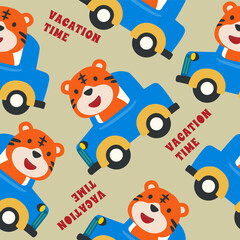 Vector seamless pattern with Happy Animal travels by car. Cartoon, Creative vector childish background for fabric, textile, nursery wallpaper, poster, brochure. Vector illustration background
