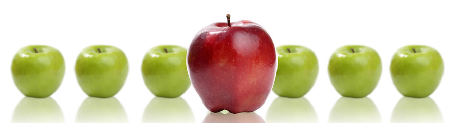 red and green apples on white.