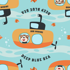 Seamless pattern submarine with cute sailor under sea. Cute Marine pattern for fabric, baby clothes, background, textile, wrapping paper and other decoration.