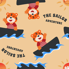 Seamless pattern with cute tiger sailor, Cute Marine pattern for fabric, baby clothes, background, textile, wrapping paper and other decoration.