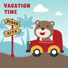 Happy Animal travels by car. Cartoon isolated vector illustration, Creative vector childish background for fabric, textile, nursery wallpaper, poster, card, brochure. and other decoration.