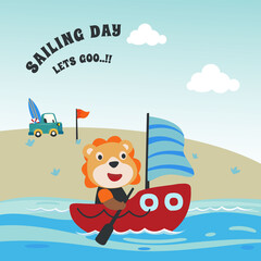 Naklejka premium Funny lion sailor cartoon vector on little boat with cartoon style. Creative vector childish background for fabric, textile, nursery wallpaper, poster, card, brochure. and other decoration.
