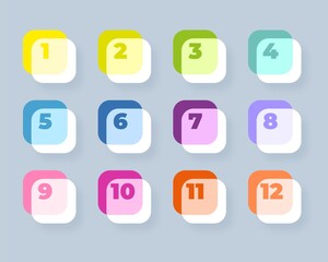 Number bullet points 1 to 12. Modern square shapes. Colorful markers