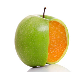 Apple with inside orange texture on white.