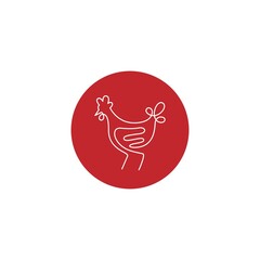 Chicken icon logo with monoline style design. One line continuous chicken on red circle background.