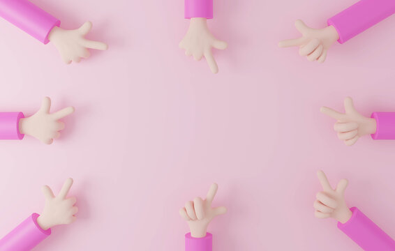 Cartoon Help Hand With Pointing Finger On Pink Background. 3d Render.